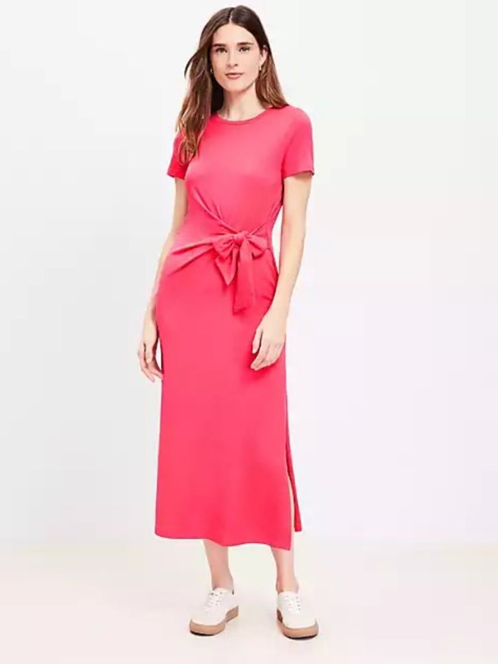 LOFT Petite Side Tie T-Shirt Dress Pink Size Petite Medium | Short Sleeve Knit